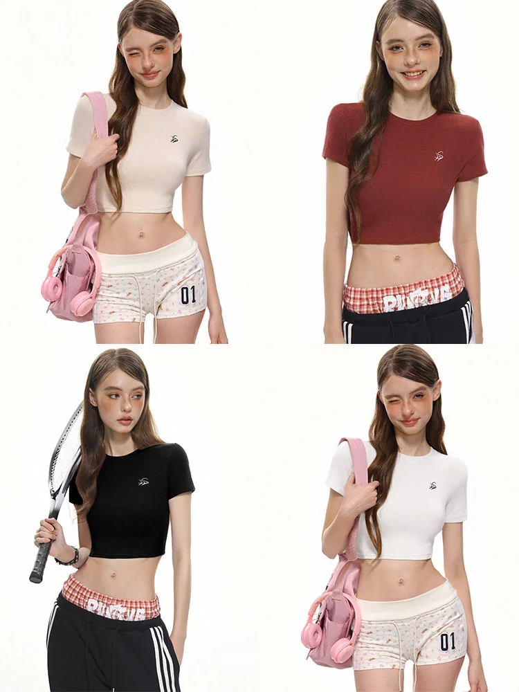 Original November Spicy Girl Short Sleeve T-Shirt Women's Slimming Belly Baring Base Shirt Summer Top round Neck Short Length