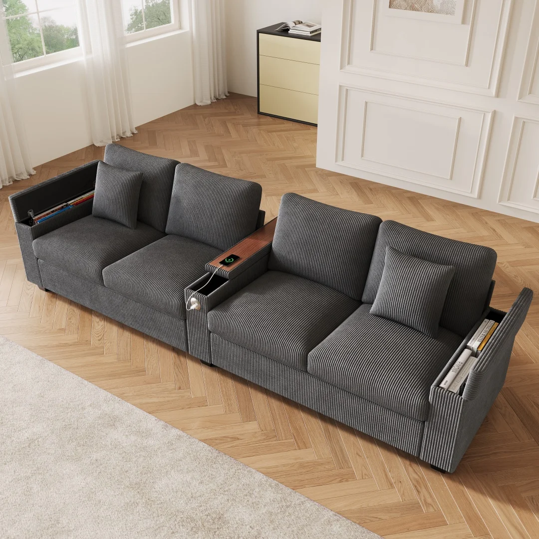 Sofá moderno de cuatro plazas, sofá para sala de estar con función de carga, reposabrazos central plegable, espacio de almacenamiento, sofá cómodo