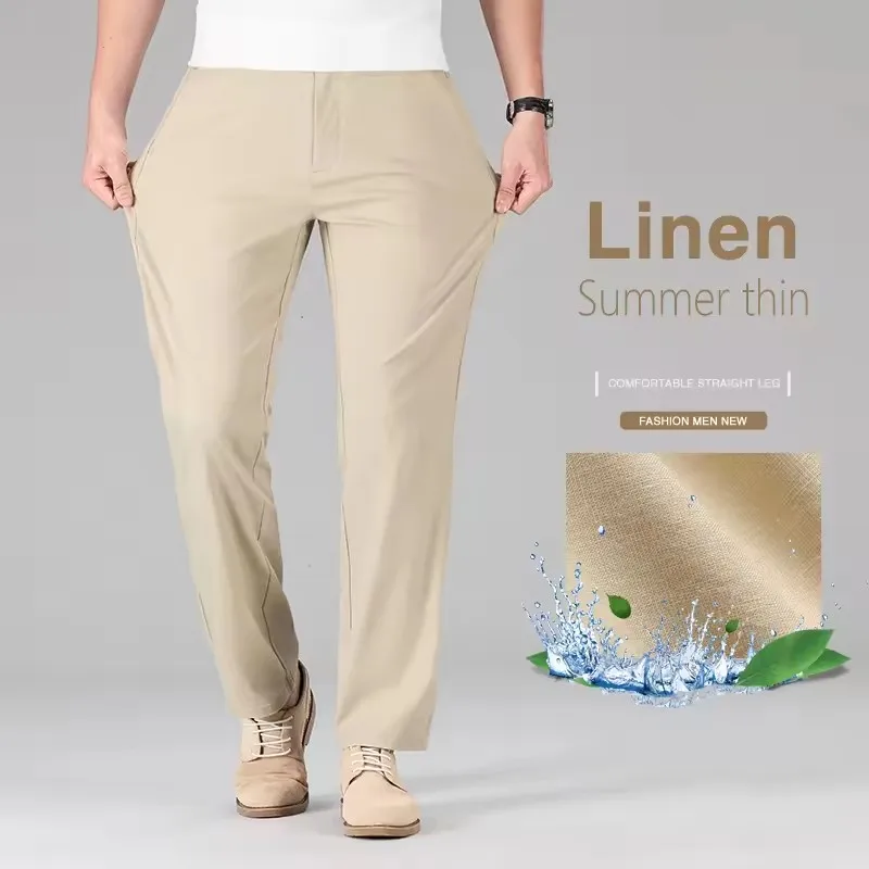 

Мужские летние тонкие льняные хлопковые повседневные брюки с высокой талией, свободные, прямые, дышащие, для офиса и бизнеса