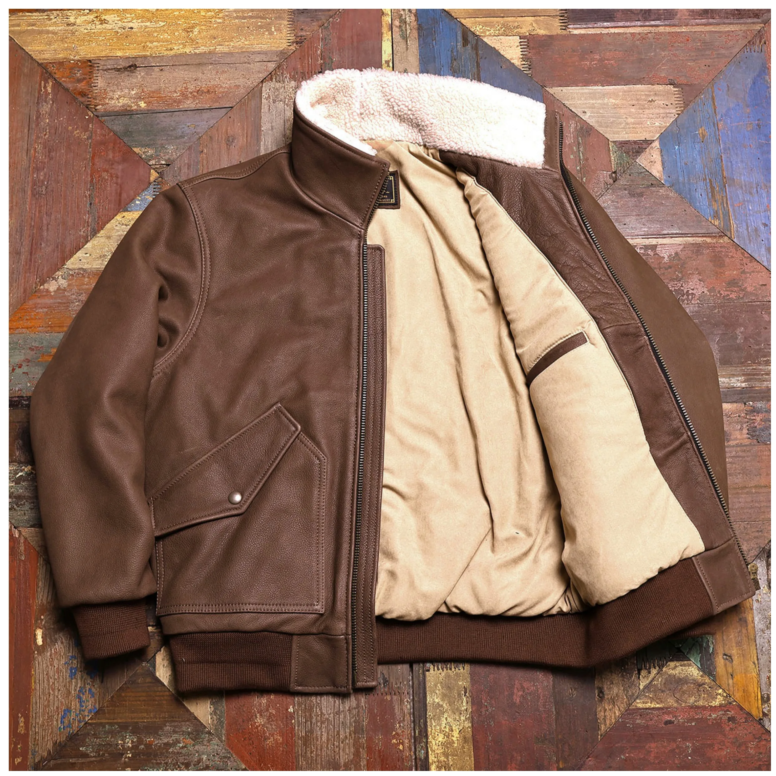 Light Brown Winter Pilot Leather Jacket Men Military Style Plus Size 5XL Genuine Natural Cowhide Flight Leather Coat