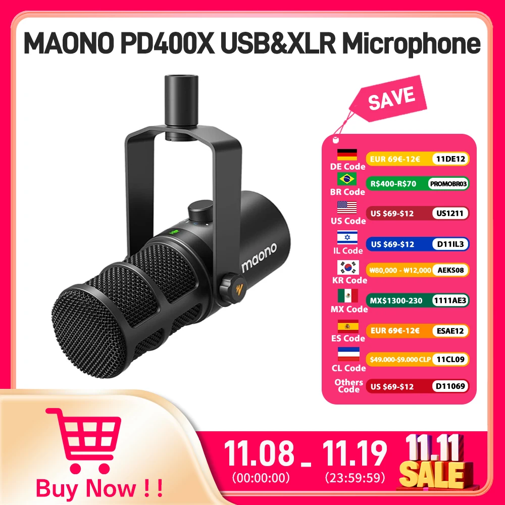 Maono USB/XLR Micrófono dinámico profesional Todo de metal con ganancia de silencio de un toque Conector para auriculares y control de volumen para Podcasting Live Streaming Youtube  PD400X