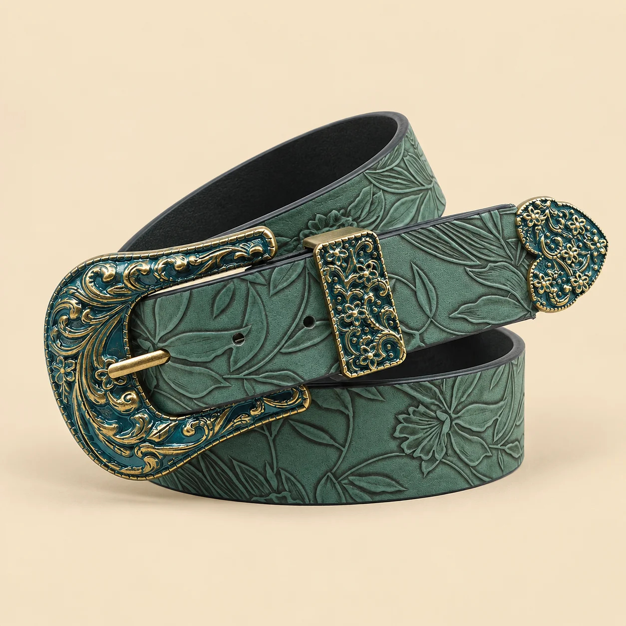 Dark Green Embossed Floral Belt, Vintage Heart‑Shaped Tail Needle Buckle Waistband, Casual Accessory for Daily Commuting Outfits