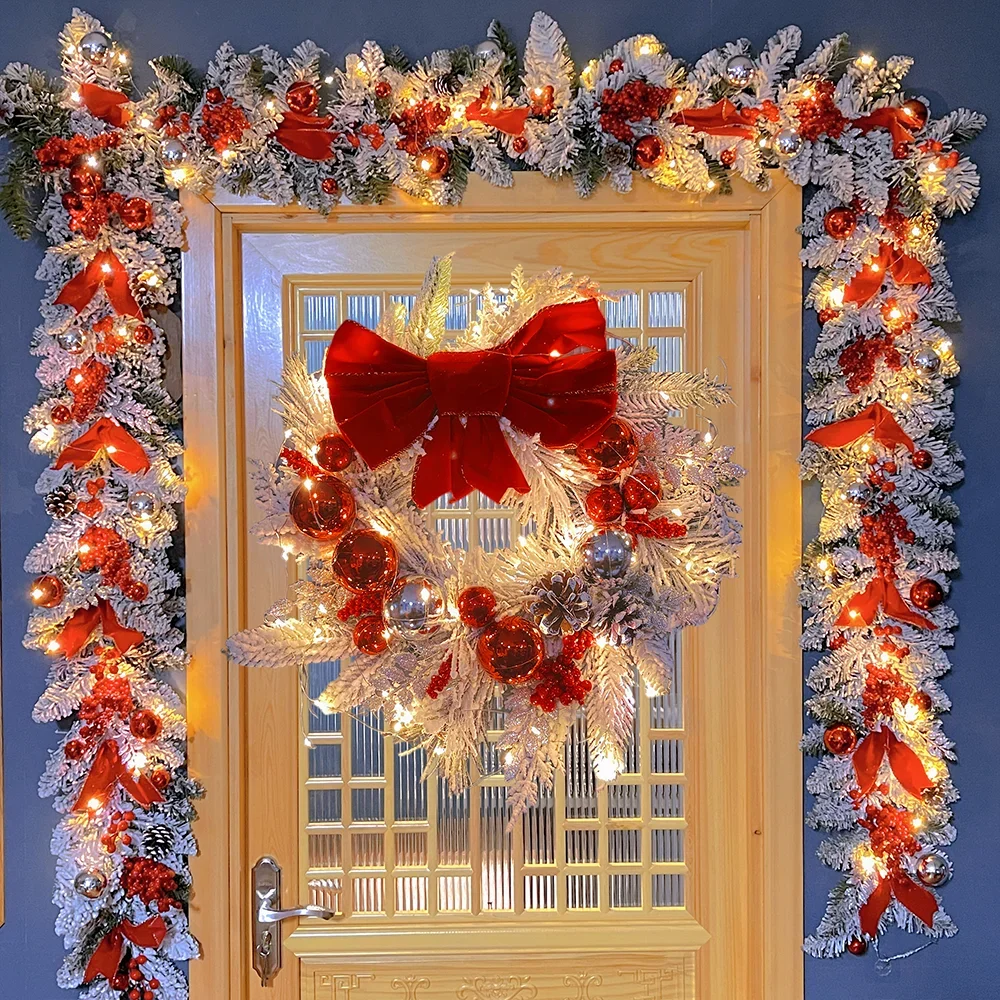 Christmas Wreath Rattan Set Christmas Decoration 2024 Red Bow Wreath For Front Door Xmas Decor Flower Garland Outdoor Home Decor