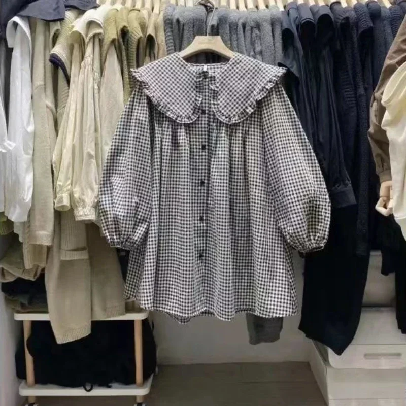 Damenhemden, einfarbig, mit langen Puffärmeln, Peter-Pan-Kragen, koreanischer Stil, modische Oberteile, Retro-Damenbluse, schlicht, lässig, vielseitig kombinierbar. – Detail 10