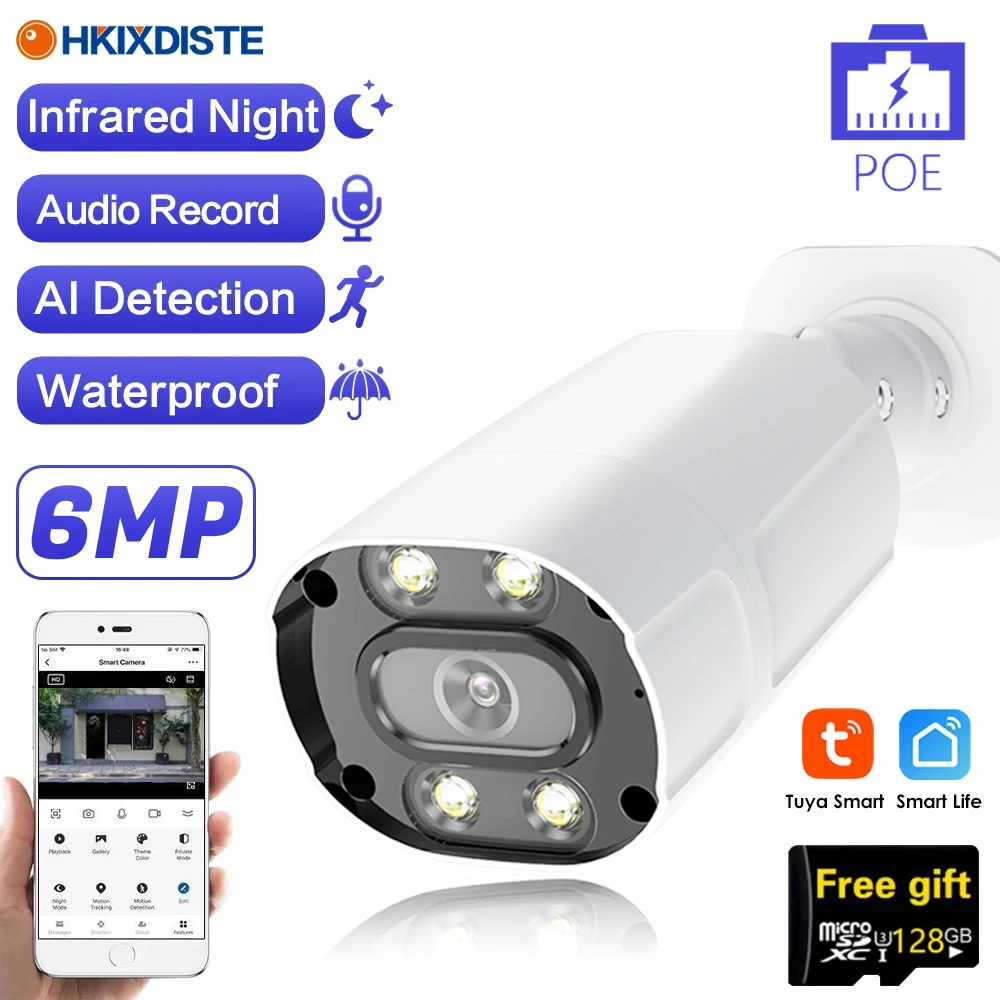 Smart Life-Caméra de surveillance extérieure IP PoE HD 6MP, dispositif de sécurité sans fil, avec audio bidirectionnel, vision nocturne et