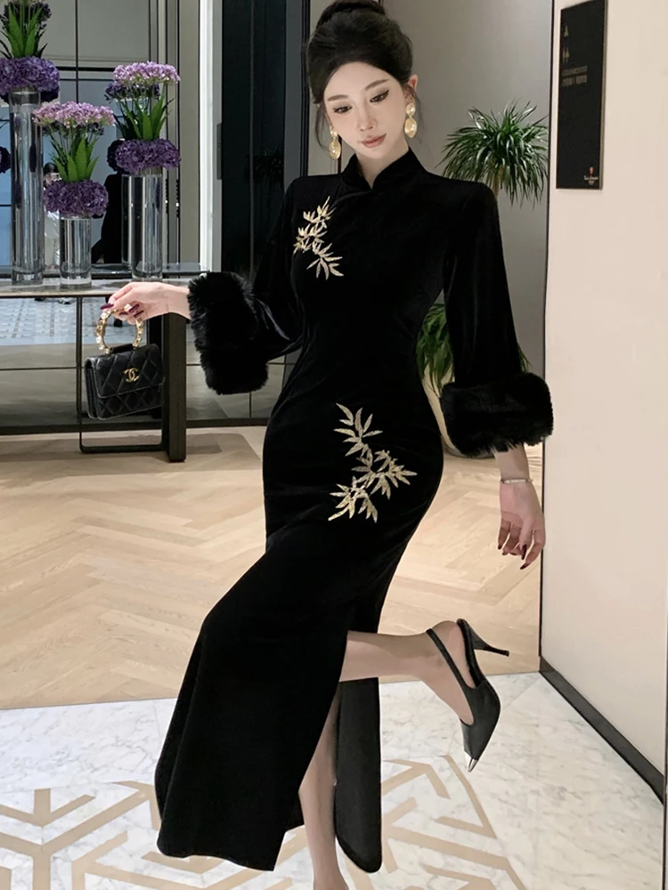 فستان نسائي كوري عتيق من قماش الجاكار المخملي باللون الأسود لعام 2025 فستان هيبورن للحفلات الراقصة للخريف والشتاء فساتين ضيقة أنيقة