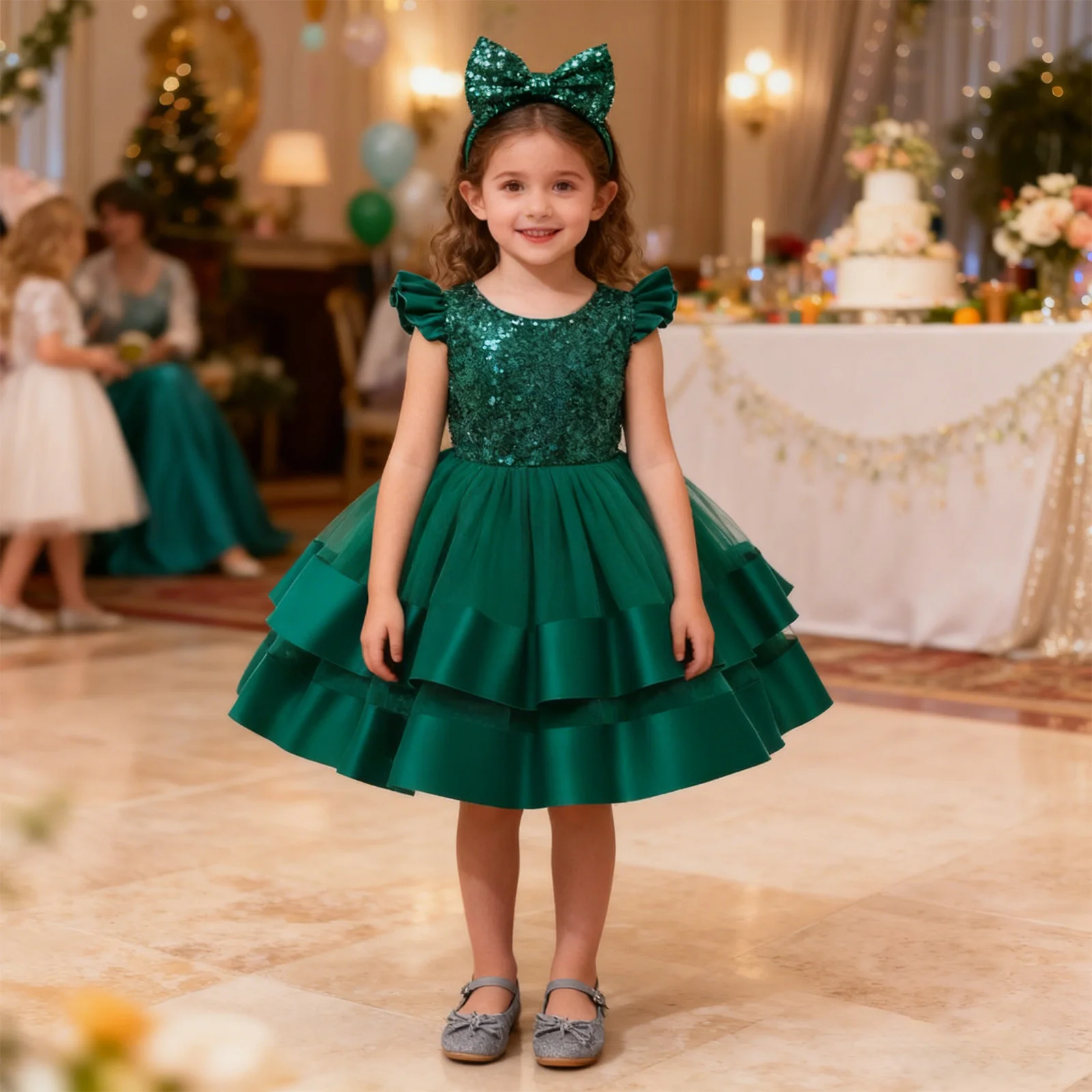 

Little Girls Pageant Party Princess Dresses Shiny Sequins Ruffled Tulle Dress with Headwear for Christmas Wedding Birthday Prom