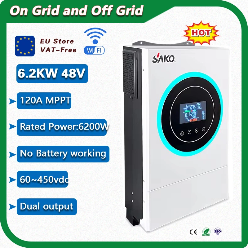 Sako Soalr hybrid Inverter 6500va/ 6200W 48V Built-in 120A MPPT Solar Inverter 60~450VDC PV Input,Pure Sine Wave inverter