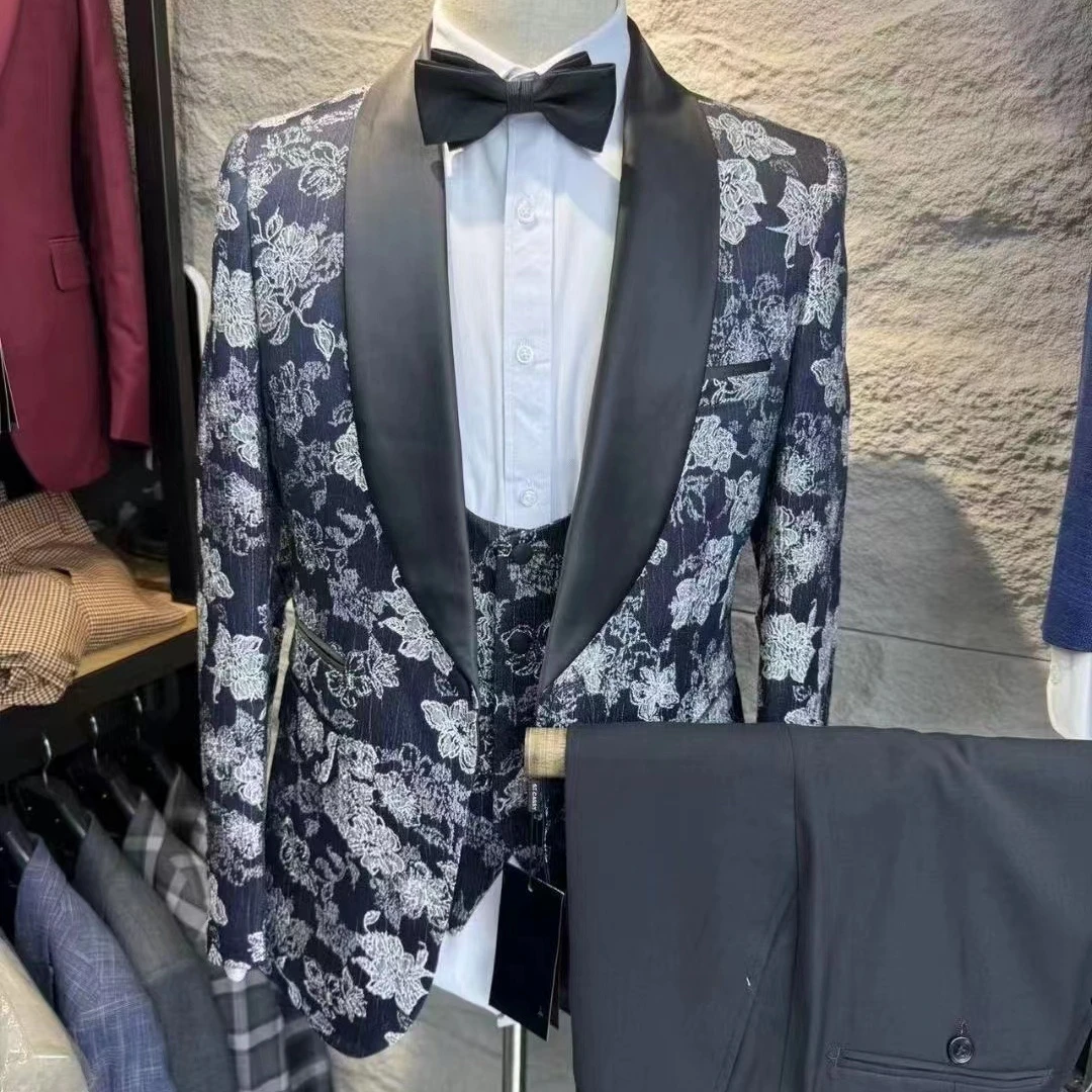 

Floral Printed Formal Suit Set for Men Three Pieces Suits Set, Fashion Shawl Neck One Button Blazer, Matching Vest Black Pants