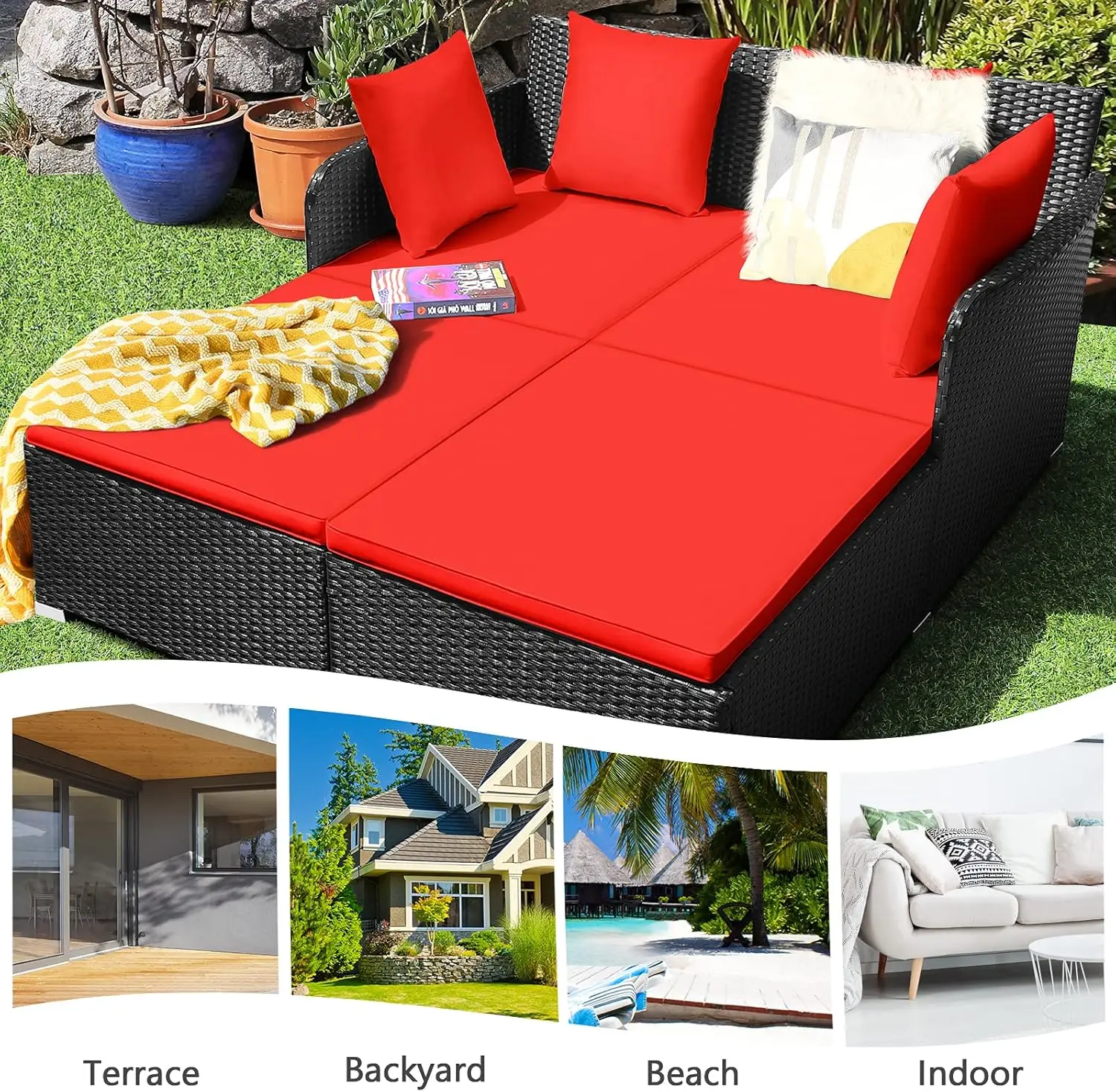 Conjunto de sofá loveseat de vime para exterior com almofadas, móveis de vime para pátio para jardim, varanda, piscina