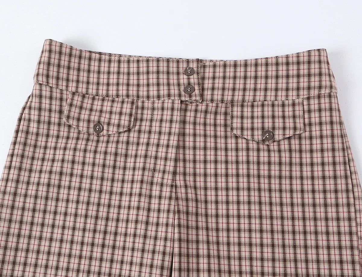 KONDALA Schickes Damen-Herbst-Freizeit-Karomuster-Anzug-Set, schmales Kurzarmhemd + gerade lange Hose mit Reißverschluss, modisch 2026, Vintage-Büro-Set – Detail 17