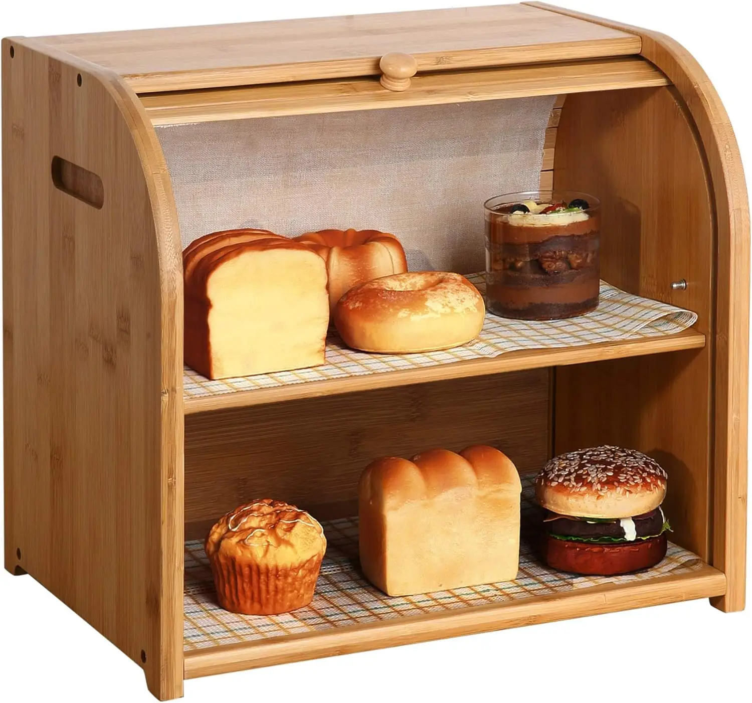 

Bamboo 2 tier Bread Box- Kitchen Food Bin display Countertop Shelf, Space Saving Bread Keeper with Adjustable Shelf, Wooden Lar