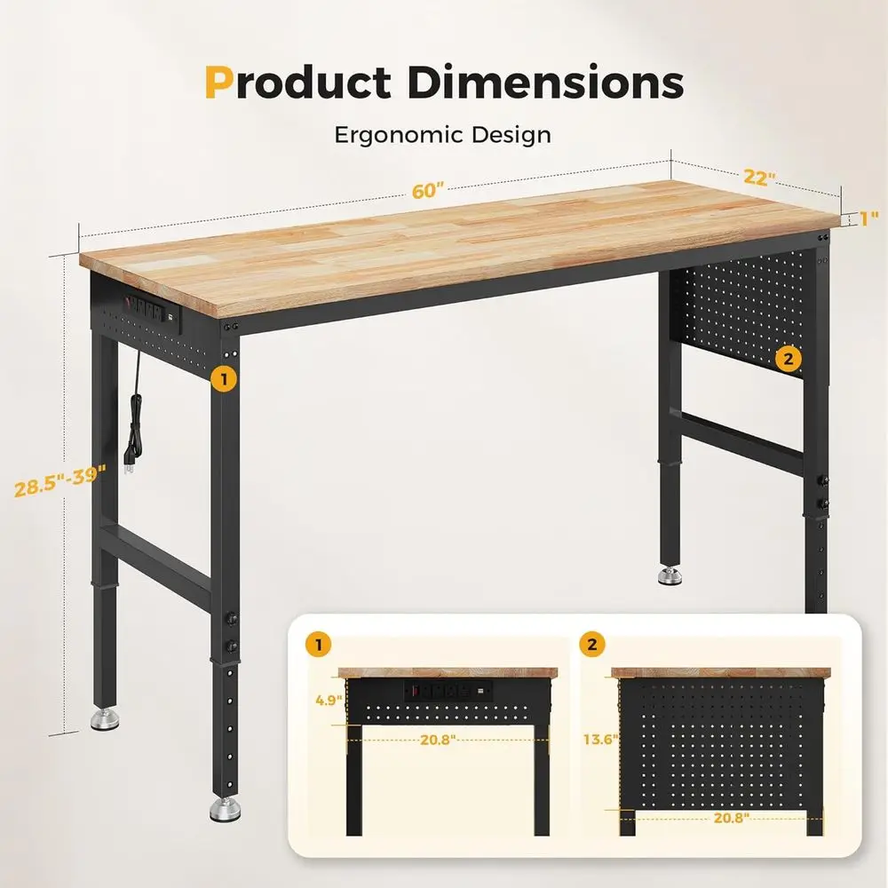 60 Adjustable Heavy Duty Workbench, 2000 LBS Load Capacity Rubber Wood Table with Pegboard, Power Outlets, Suitable for Workshop