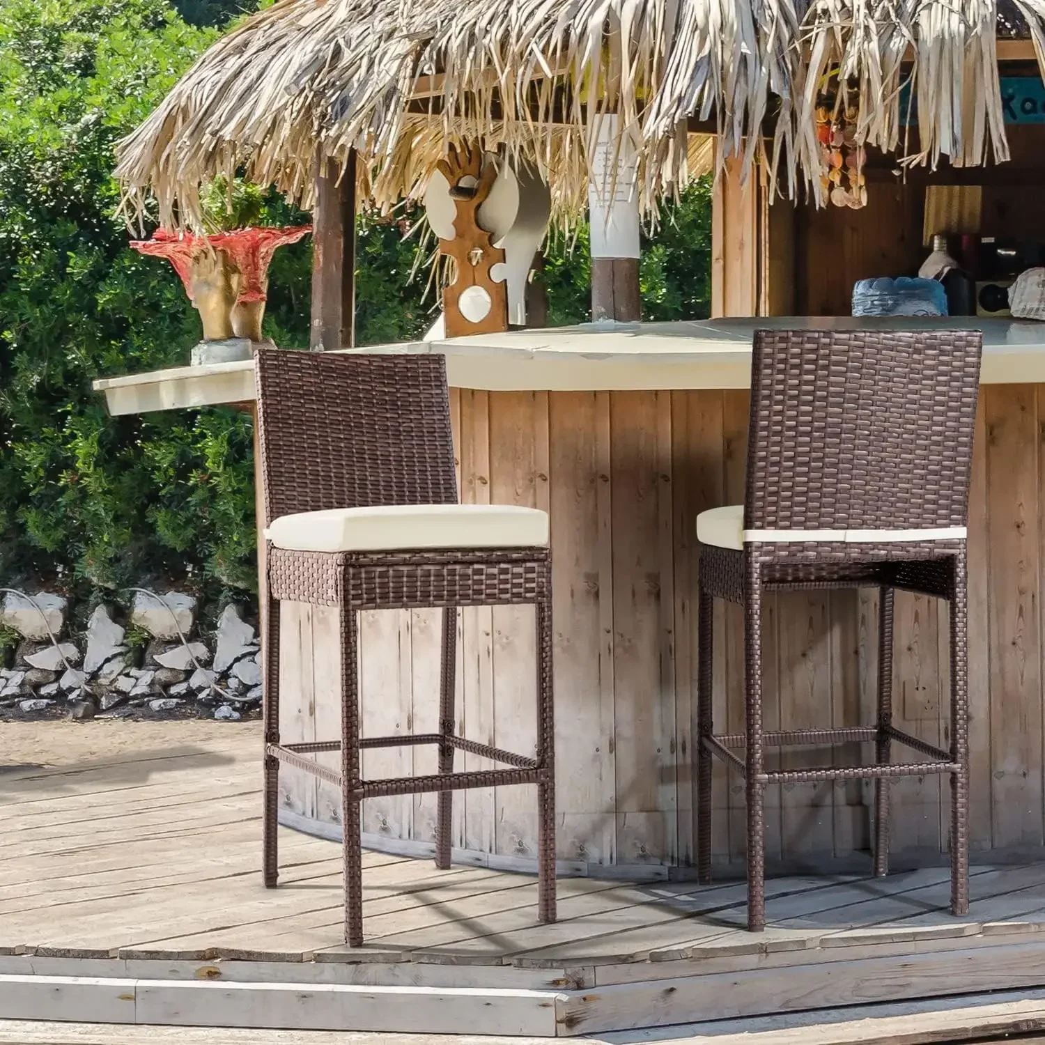 

Outdoor Bar Stools Wicker Woven Patio Stools & Patio Bar Chairs Set of 2 Counter Bar Height Stools with Footrest Armless Cushion