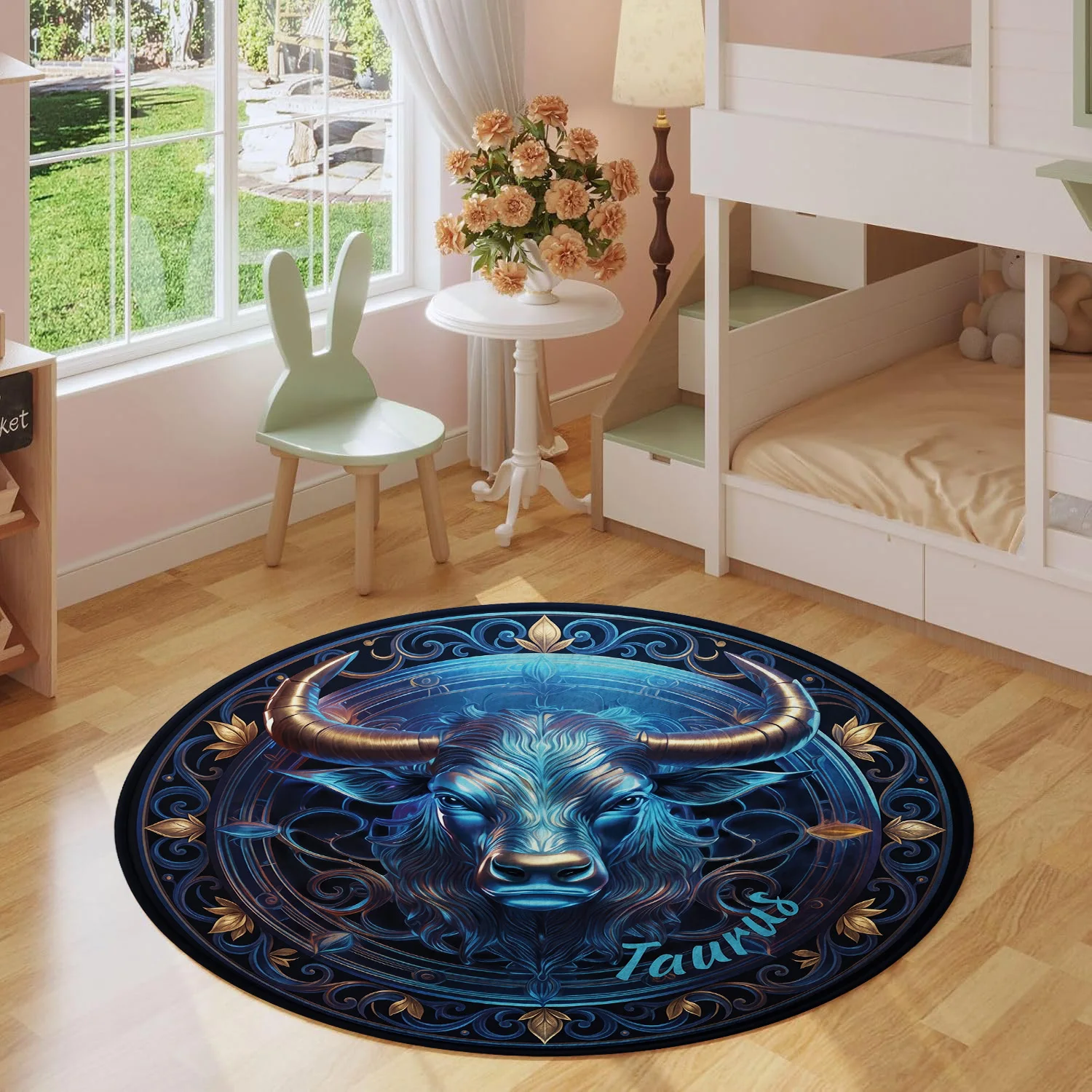 Taurus Zodiac Sign Bull Head Astrology Metallic Blue Gold Vintage Pattern Round Mat Area Rug Home Decor