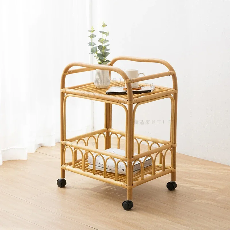 Rattan Small Hand Push Dining Car Storage Rack Living Room Table Corner Cabinet