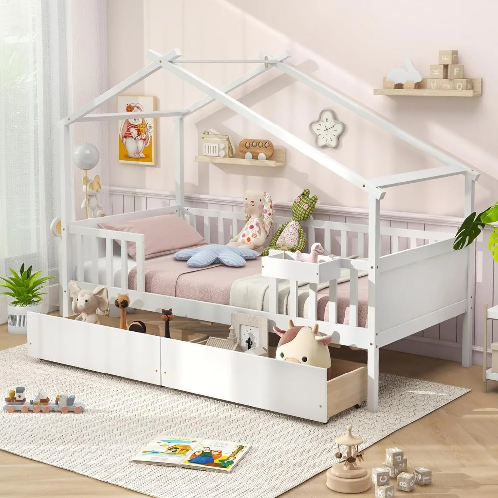 

Twin House Bed with Drawers, Wooden Twin Bed Frame with Cube Storage & Fence Rails, Montessori Beds