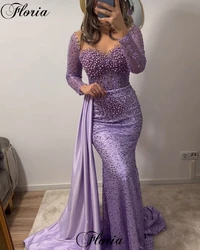 Vintage Purple Prom Dresses Mermaid Long Sleeves Pearls Evening Dresses Vestidos De Noche Wedding Party Dresses For Women