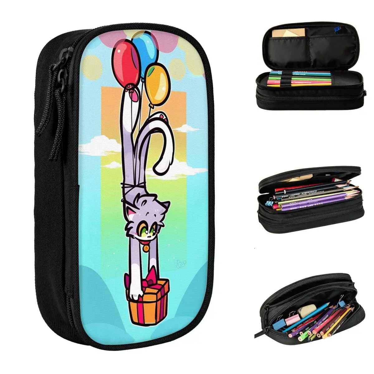 Large Pen Box Acenix Cute Cats School Supplies Double Layer Pencil Bag Girl Makeup Bags Suprise Gift