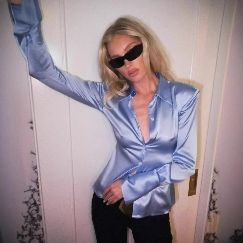 

2026 Summer Season Fashionable American Light Luxury High-end Satin Shirt Temperament Slim Fit Lapel Long Sleeved Top for Women