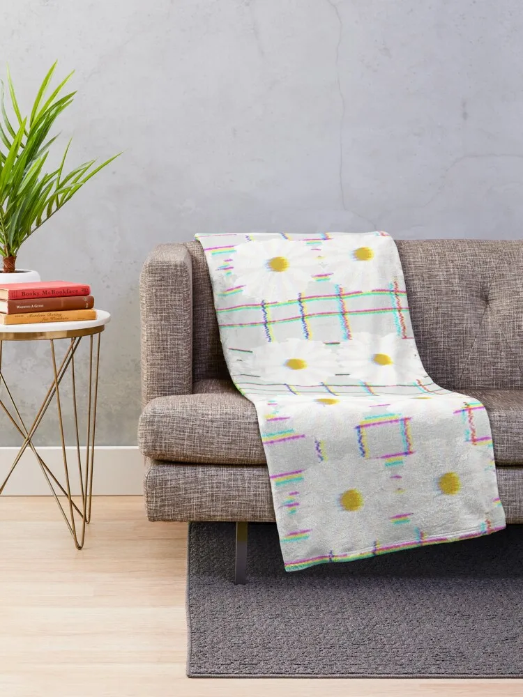 Glitched Daisies on Techno Plaid  Throw Blanket Warm sofa bed Shaggy Camping Blankets