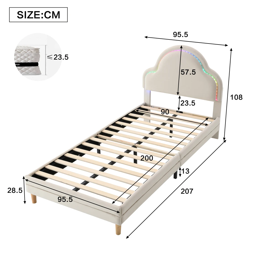 PINGGO Beige Samt Einzelbett 90x200cm Wolkenförmiges Kopfteil Farbwechsel-LED-Streifen Holzlatten Kinderbett Ohne Matratze – Detail 7