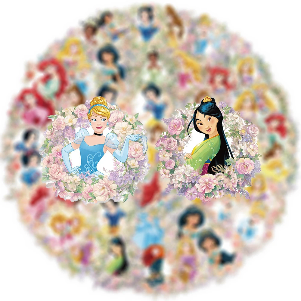 

10/30/50pcs Disney Cute Princess and Flower Stickers Cartoon Girl Sticker Scrapbooking Luggage Phone Transparent Decals Packing