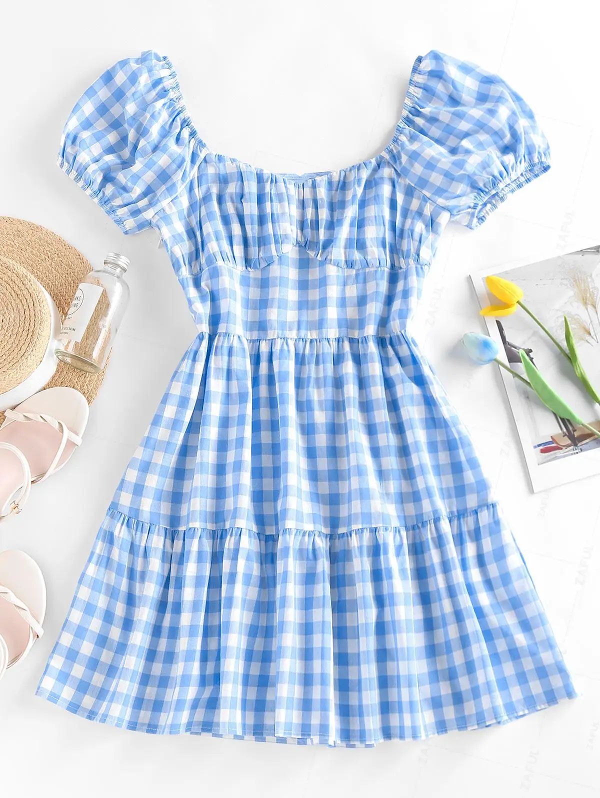 ZAFUL Gingham Puff Sleeve Tiered Dress