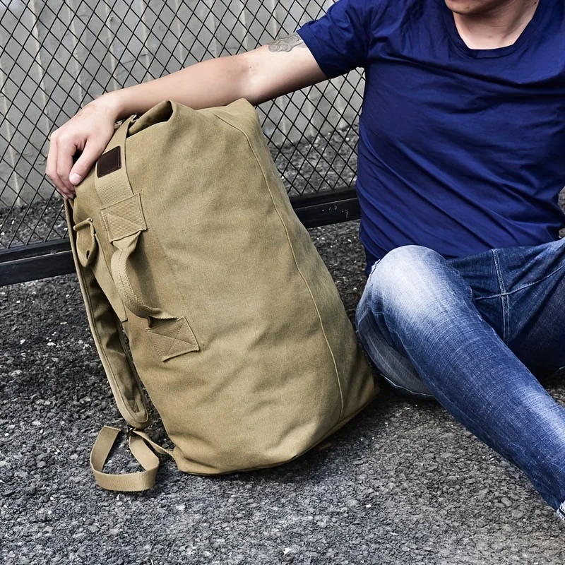 Large Capacity Khaki Canvas Backpack for Men - Adjustable, Lightweight, Foldable Travel， Durable Polyester Lining
