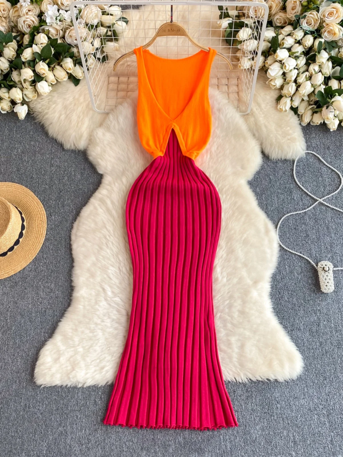 Foamlina Summer Chic Color Block Knitting Dress Women Sexy V Neck Sleeveless High Waist Slim Bodycon Evening Party Long Dresses