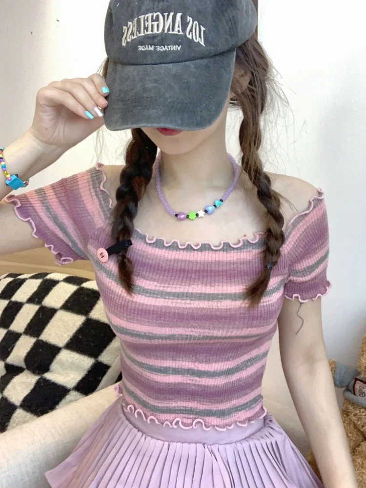 Short Sleeve T-shirts Women New Sweet Knitwear Striped Design Sexy Slash Neck Cropped Tops Fashion College Basics Simple Ulzzang