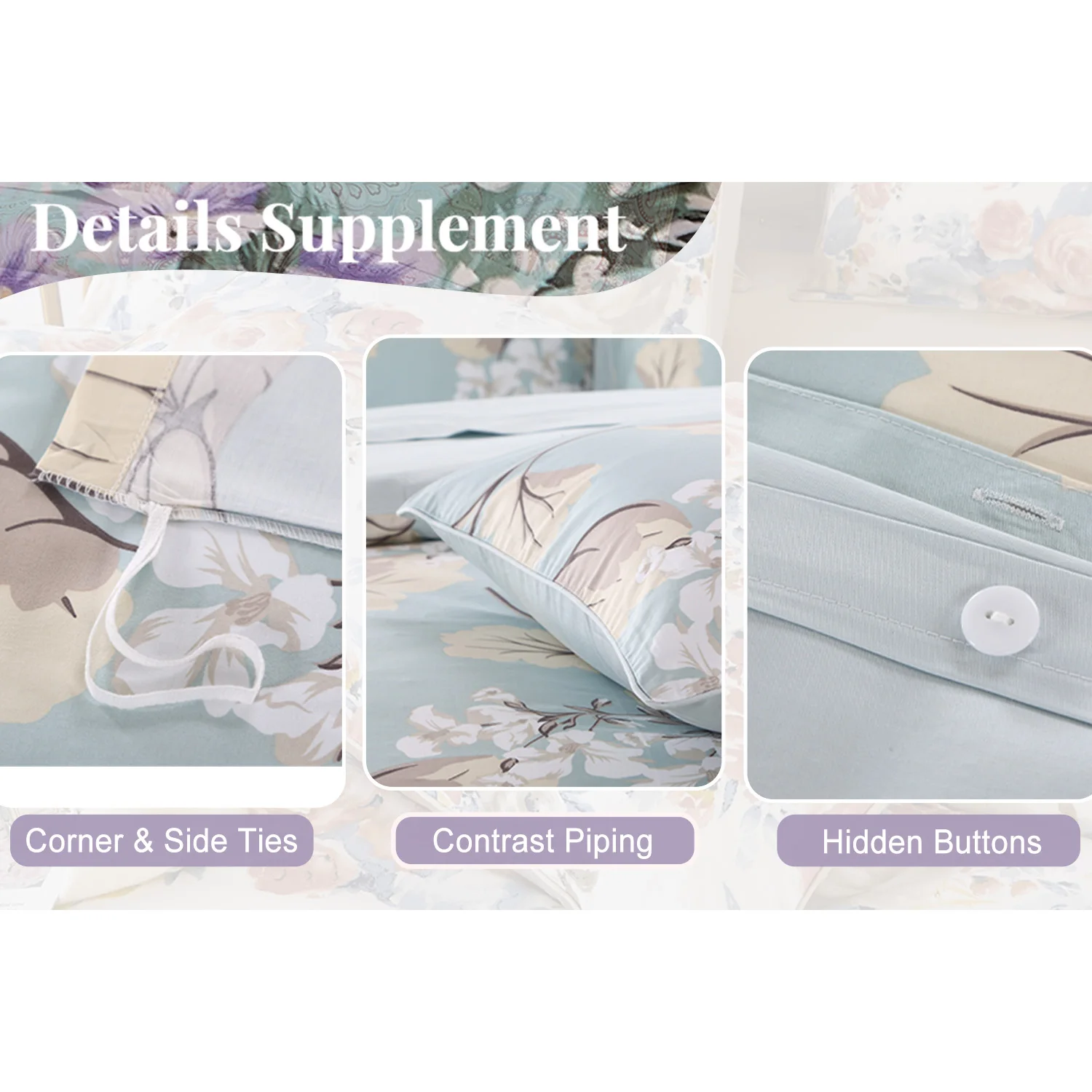 3pcs 600TC 100% Egyptian Cotton Duvet Cover Set, Blue Luxury Leaves Floral, Soft Skin-Friendly (No Inserts)