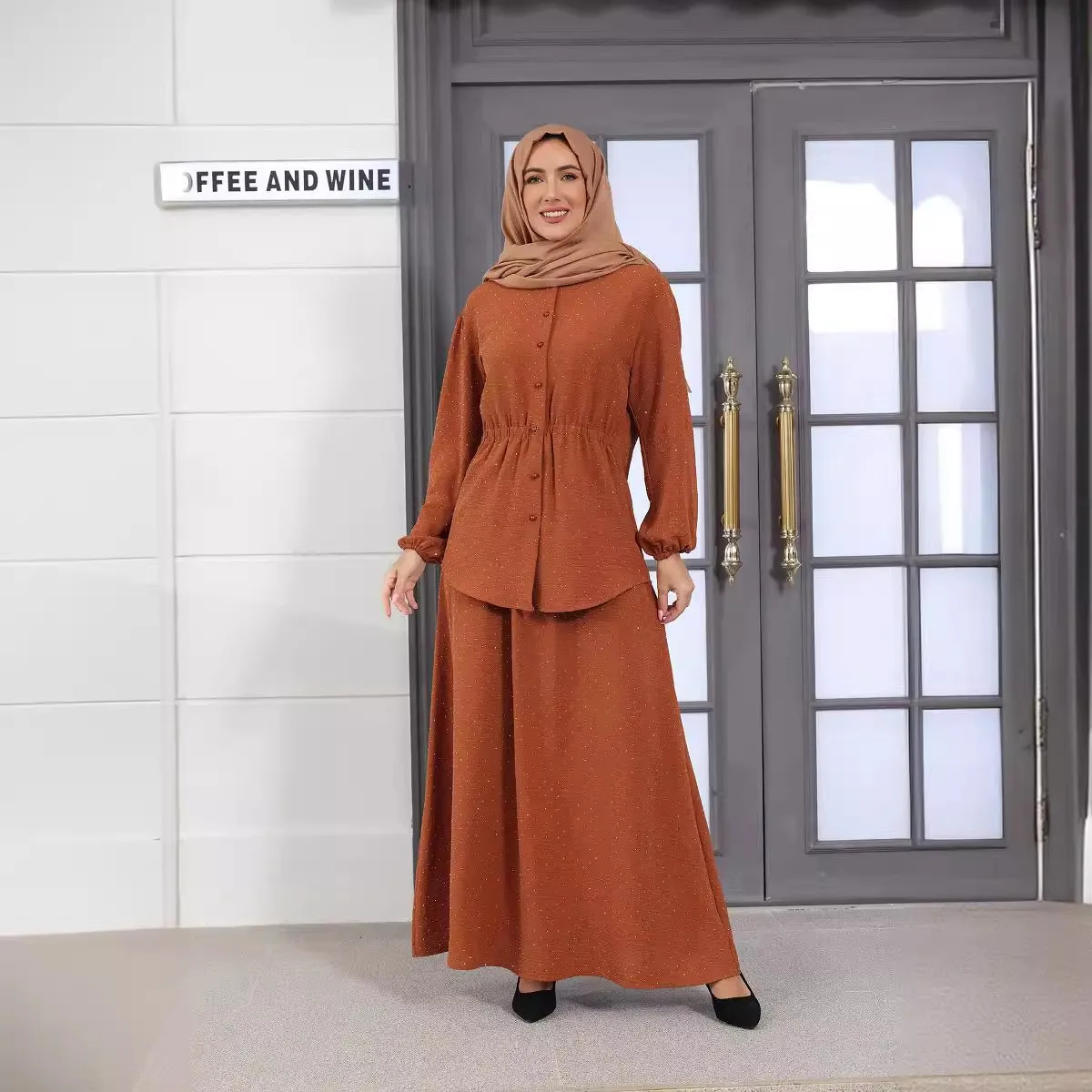 

Middle East Muslim Women's Bubble Sleeve Ice Silk Cardigan Crew Neck Gypsy Waist Fashion Half Skirt 2pcs Clothes Set