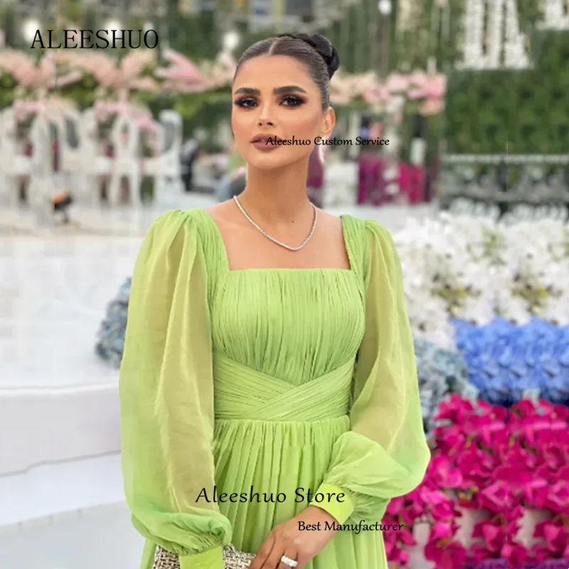 Aleeshuo Classic A-Line Prom Dress Puff Long Sleeves Chiffon Square Collar Prom Gown Floor-Length  Arabic Dubai 2025 Customized