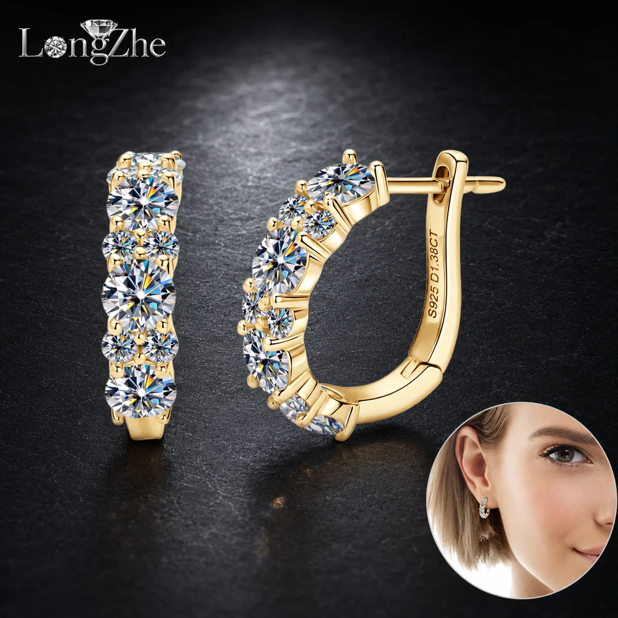 LongZhe S925 Silver Moissanite Hoop Earrings 1.38CT+1.38CT Gold White Color GRA Diamond Tester Passed Women Gift Fine Jewelry