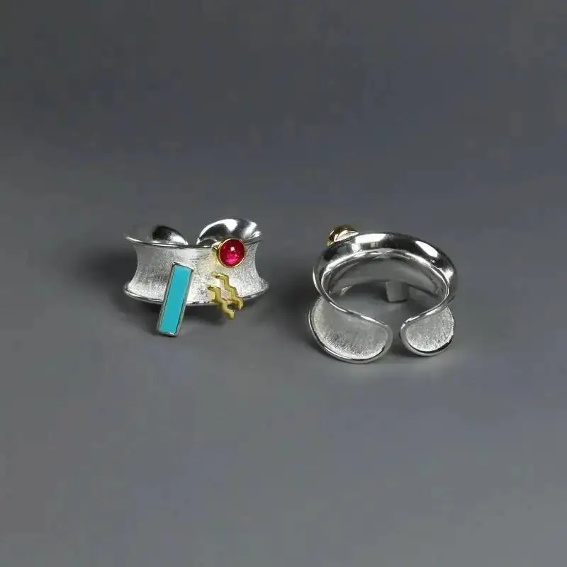 GEEZENCA 925 Sterling Silver Two Tone Colorful Zircon Wide Rings For Women Designer Chic Geometric Cocktail Ring 2023 New Gift