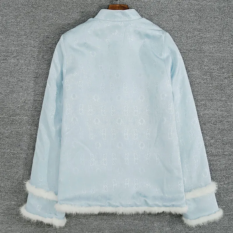 BirdTree-35%シルク 65%ウール エレガントコート、ミンクファー パッチワーク、レディース 新中華風 ジャカード ルーズコート、2025年冬 C5N964CC