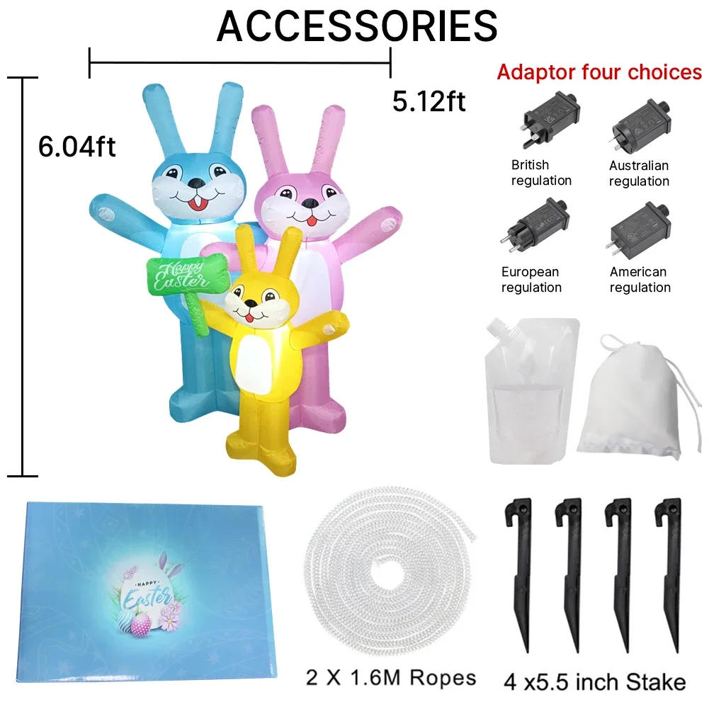 6FT Easter Three Bunnies Family Airblown Inflatable Decor LED Lighted Blow Up Festive Yard Easter  Decoration Easter Inflatable