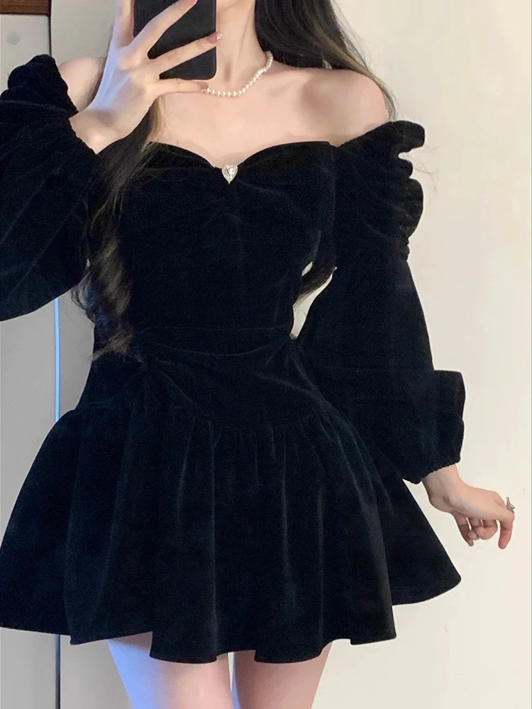 Off Shoulder Velvet Mini Dress Vintage Black Long Sleeve Slim Bow Evening Dresses Puff Sleeve Soft Sexy Pleated Square Neck New