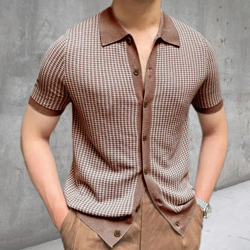 

Casual Slim Button Lapel Short Sleeve Cardigan Tees Men Clothing Summer Polos Fashion Solid Color Knitted Men's Polo Shirts