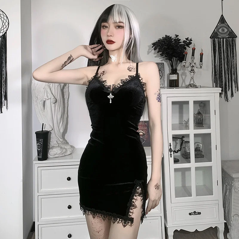 Sexy Dark Cross Black Mini Dress Vintage Sexy Italian Noodle Strap High Waist Slim Fit Dress Gothic Party Club Women's Dress