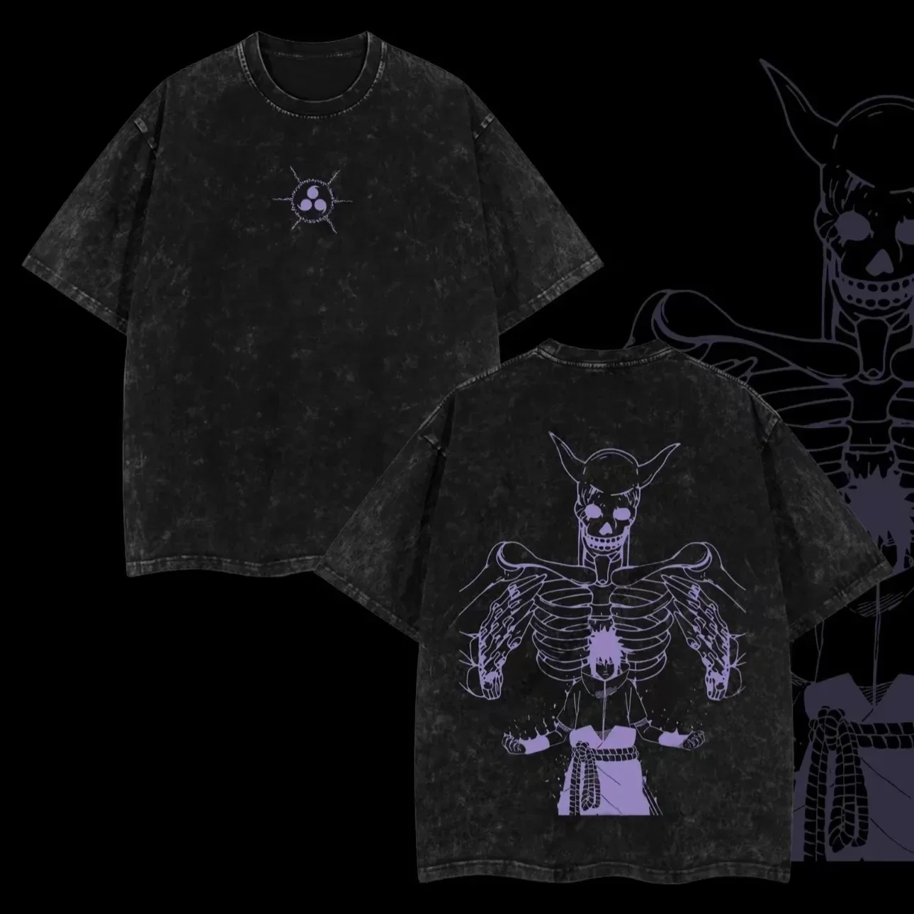 Sasuke Susanoo Skeleton T-shirt Naruto Manga Tee Vintage Washed Oversized Retro Anime Harajuku Streetwear Mens Graphic Clothes