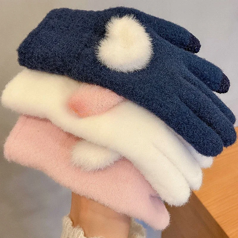 Korean Love Heart Pink Gloves Women Plush Gloves Autumn and Winter Thick Mittens Full Finger Gloves Girls Warm TouchScreen Glove