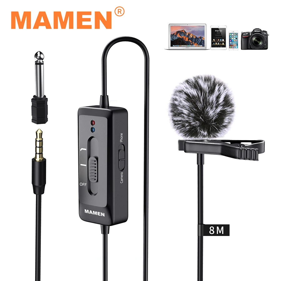 MAMEN 8m Long Cable Professional Lavalier Microphone Built-in Battery for Camera Smartphone Laptop Interview Vlog Recording Mic