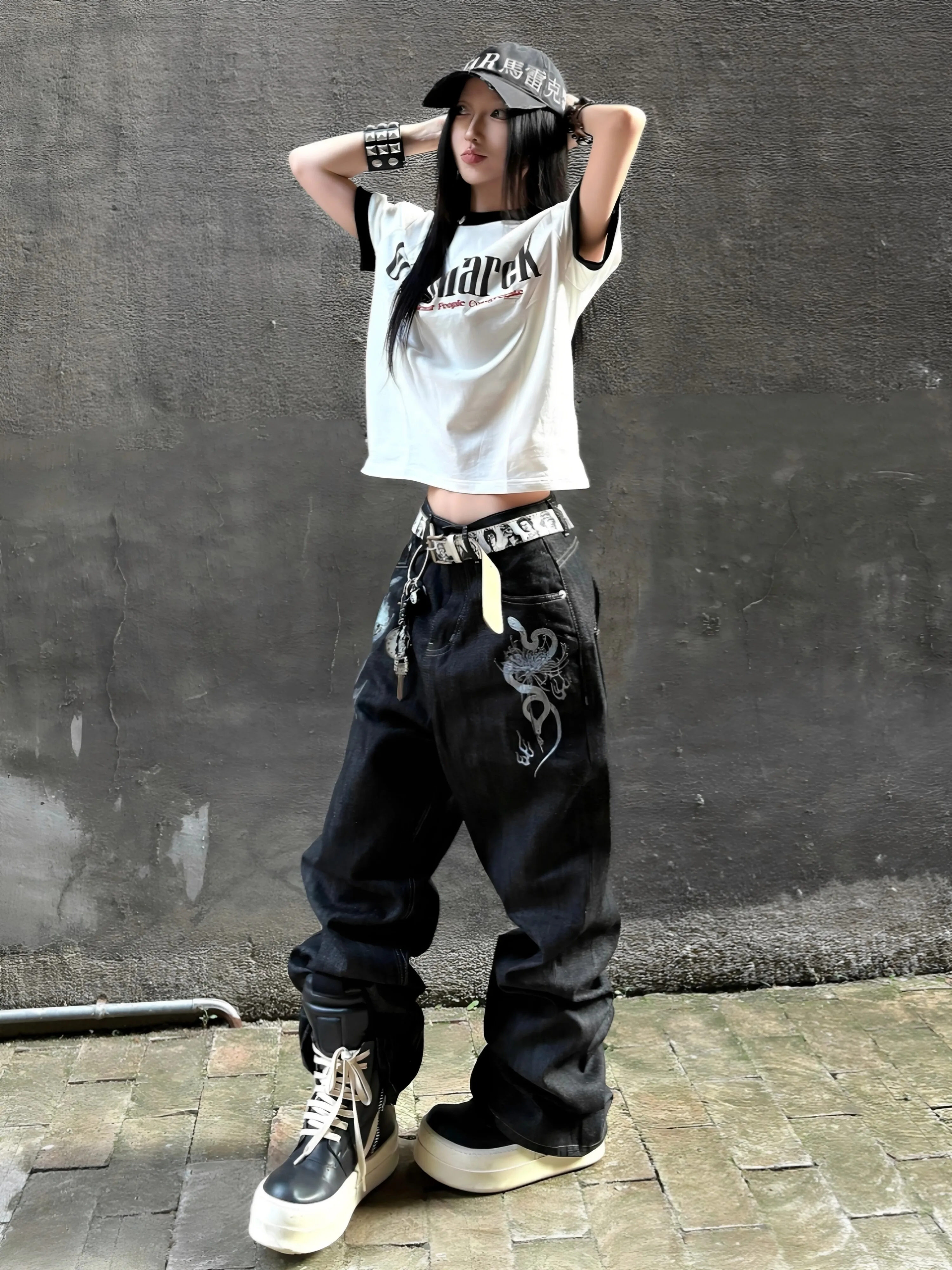 American High Street Retro Punk Jeans Men's Women's Subculture Loose Snake Bone Alien Heavy Straight Leg Wide Leg Pants