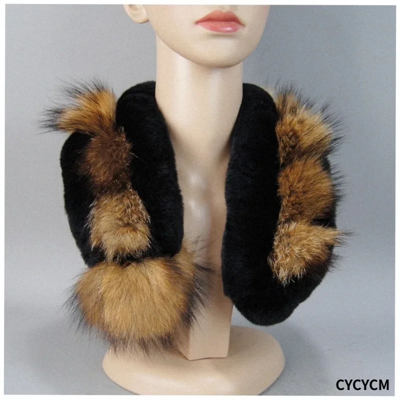 New 2025 Winter Warm Lady Knitted Real Raccoon Fur Rex Rabbit Fur Muffler Short Style Women 100% Natural Rex Rabbit Fur Scarves