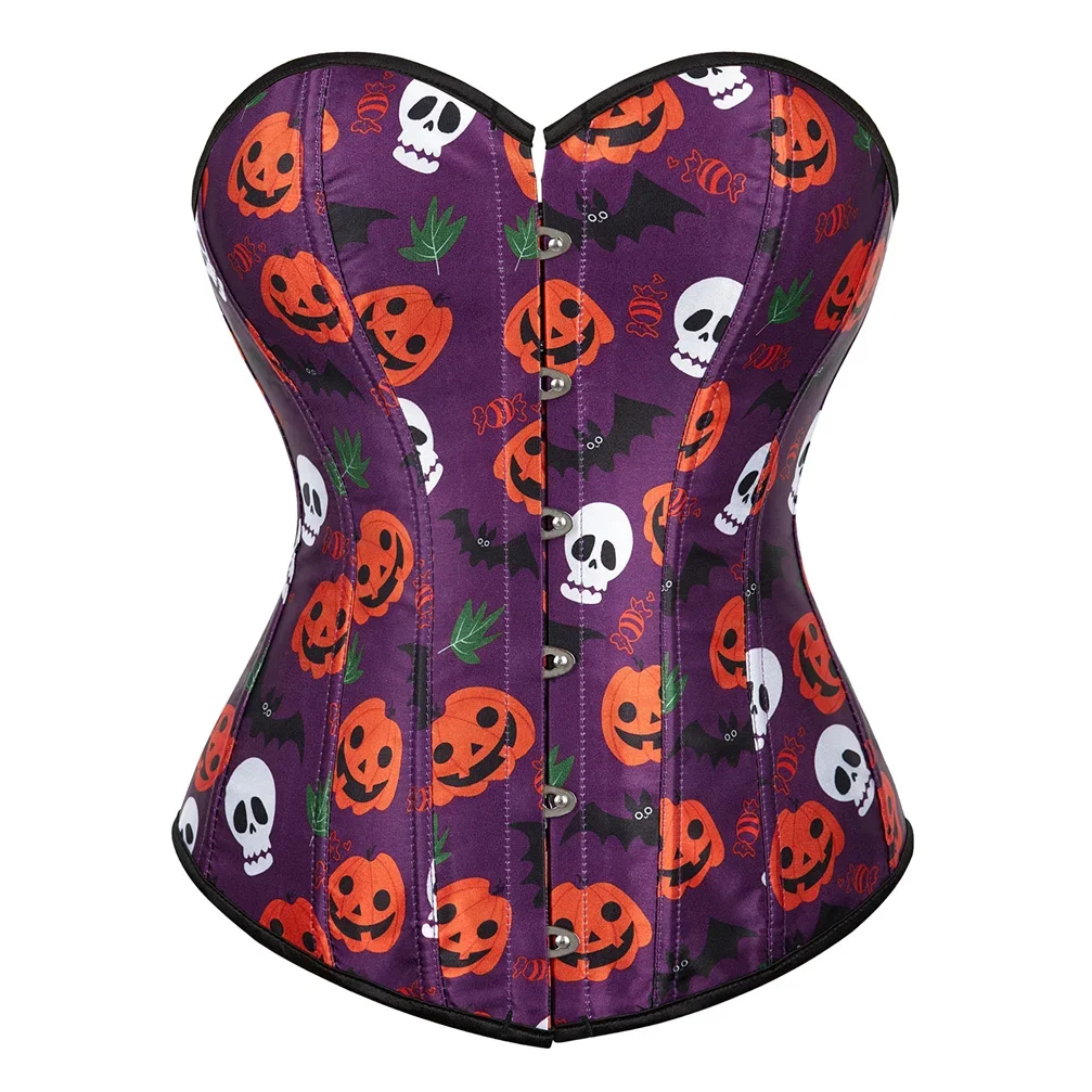 Womens Corset Pumpkin Skull Print Corsets Retro Lace Up Overbust Burlesque Bustiers Christmas Corsage Carnival Costume Plus Size