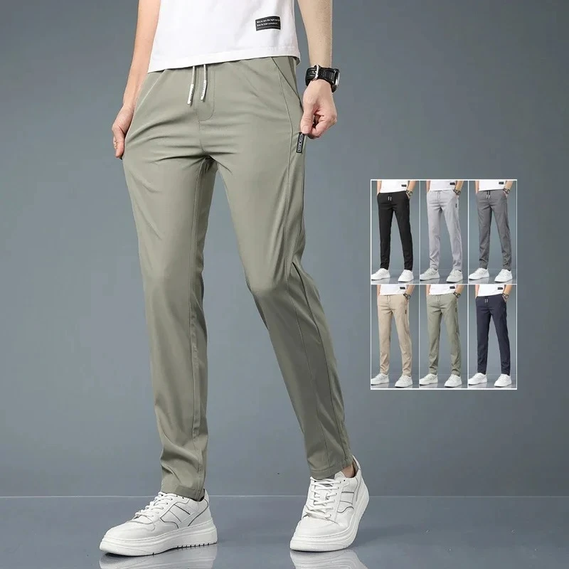 

Мужские брюки из ледяного шелка 2026 года, летние, черно-серые, тонкие, деловые повседневные, для активного отдыха, эластичные, дышащие, прямого кроя, спортивные штаны