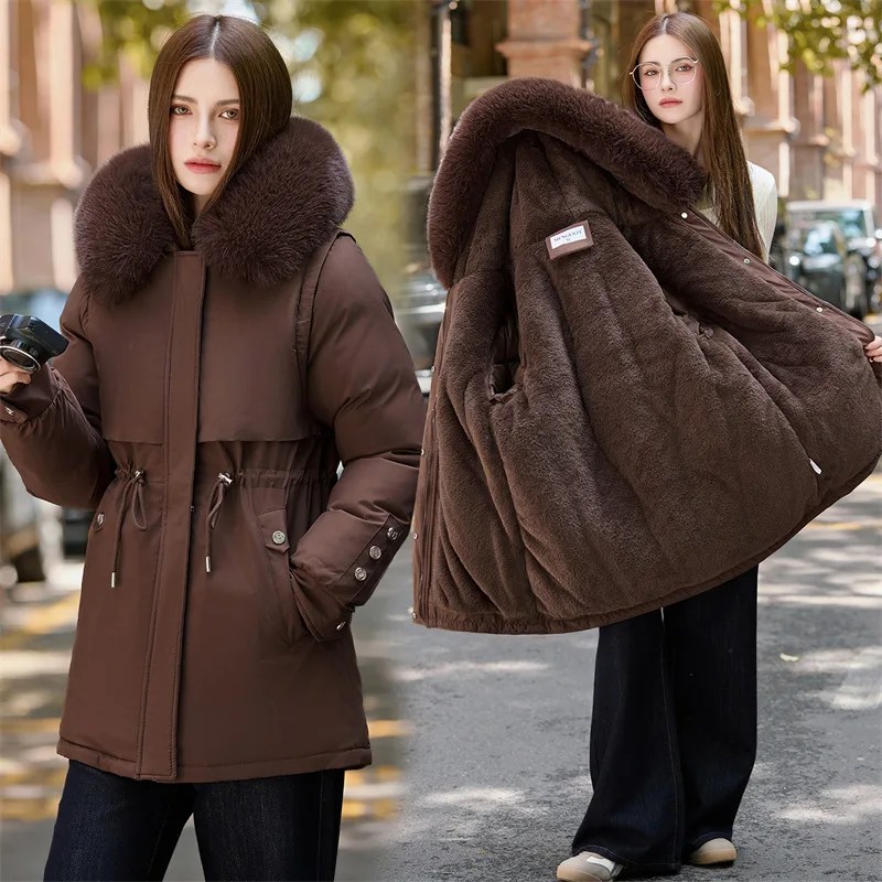 Women Parka Fashion Long Coat Wool Liner Hooded Parkas 2024 New Winter Jacket Slim with Fur Collar Warm Snow Wear Padded Clothes