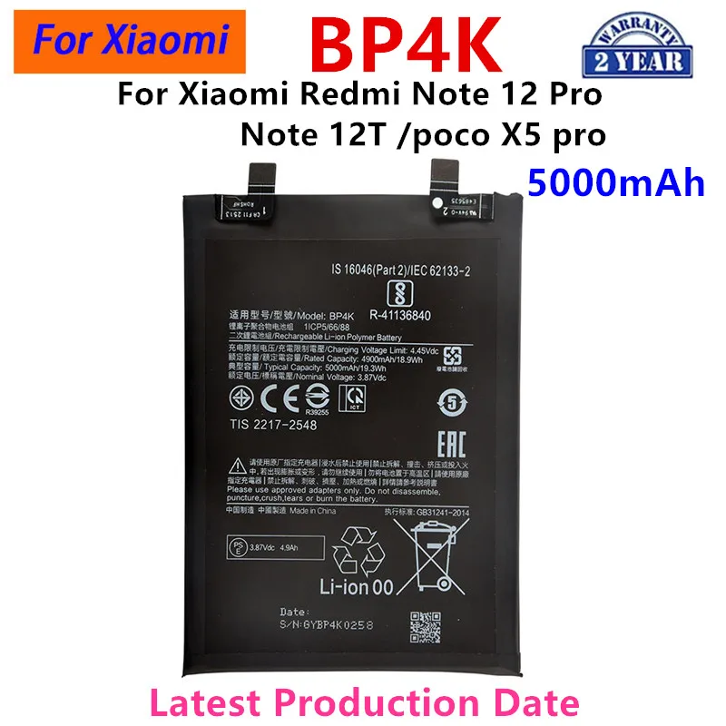 

2024 years Brand New BP4K 5000mAh For Xiaomi Redmi Note 12 Pro / Note 12T/ poco X5 pro Phone Replacement Batteries